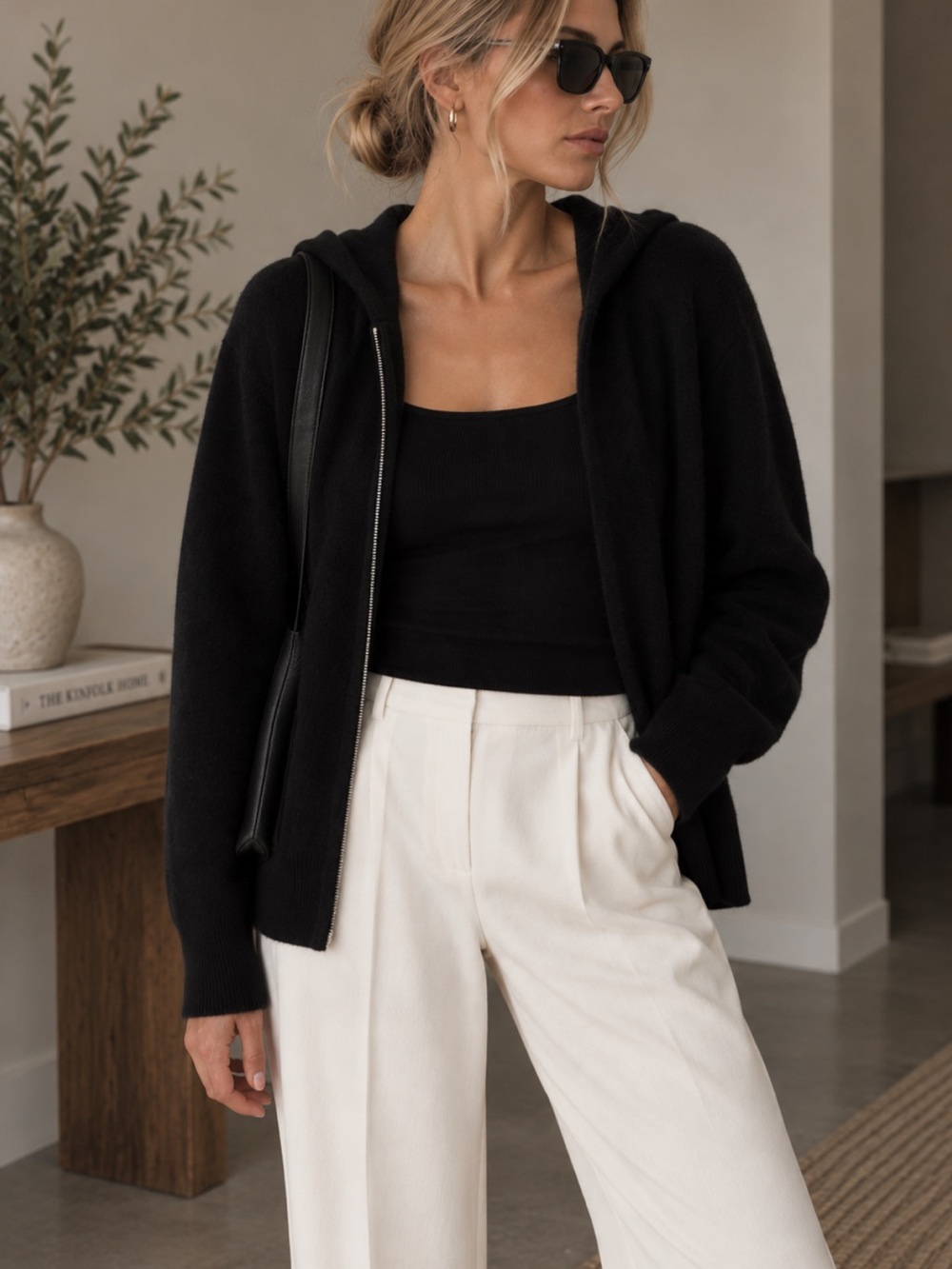 Jason Wu Black 100% Cashmere Hooded Zip Cardigan Size L NWT